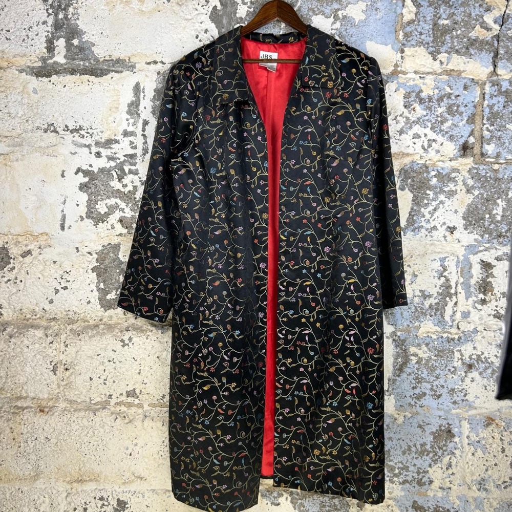 Vintage JBS Ltd Silk Blend Embroidered Floral Duster Coat Black Red Lining 2XL